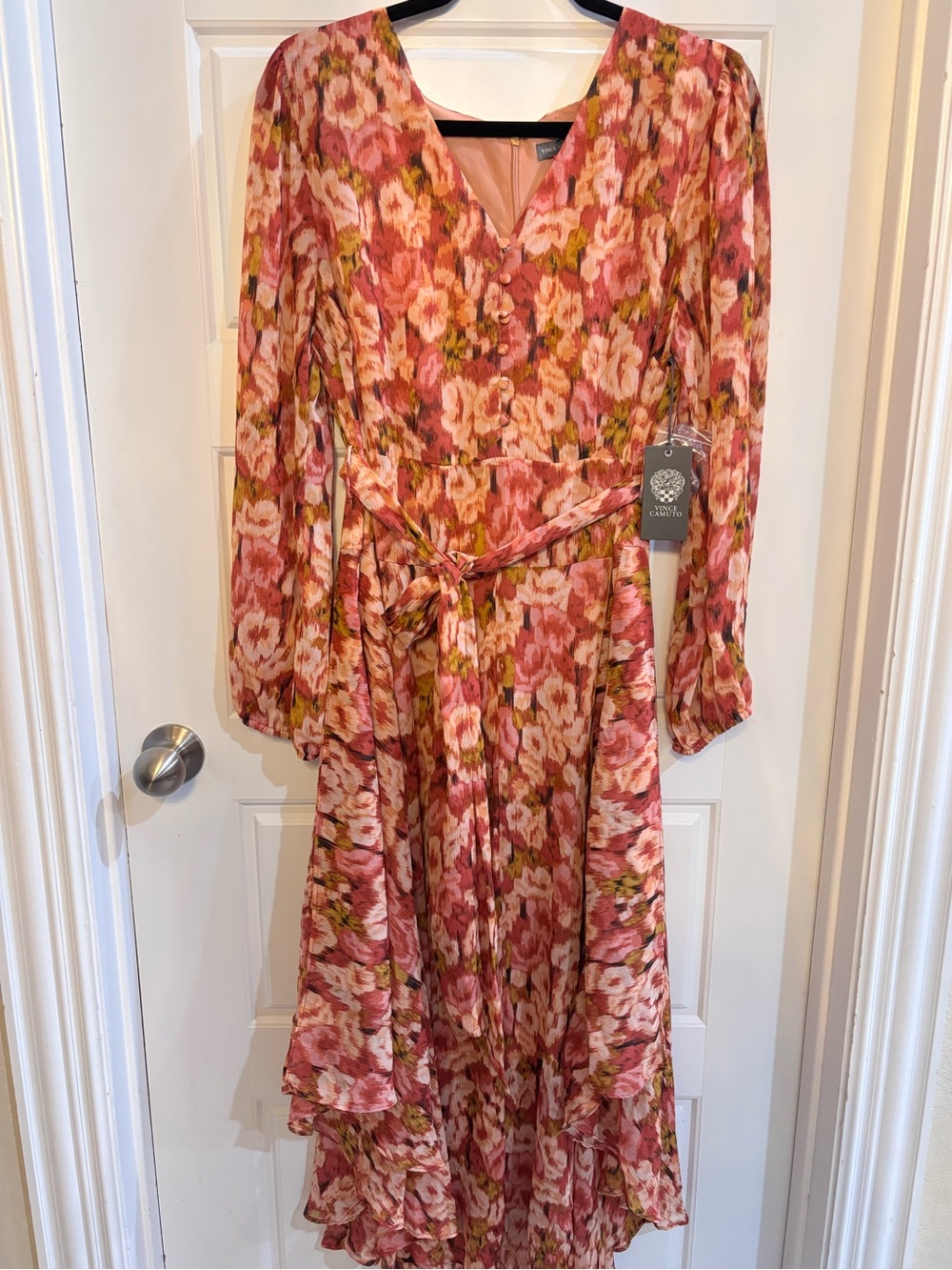 Vince Camuto Floral Print Long-Sleeve Tie-Waist Midi Dress 1X